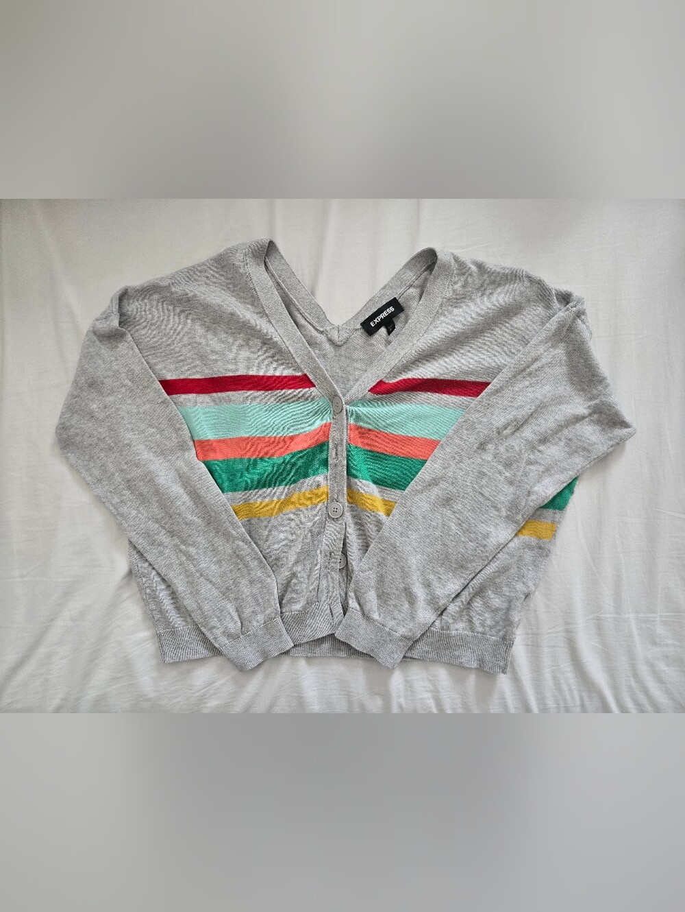 Express Women's Light Gray Striped V-Neck Cardigan Size S